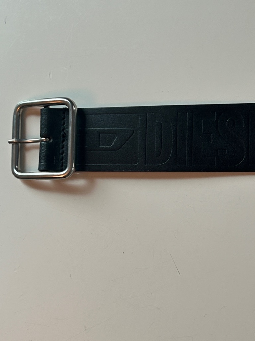 Diesel Black Embossed Logo Leather Belt with Silver Buckle